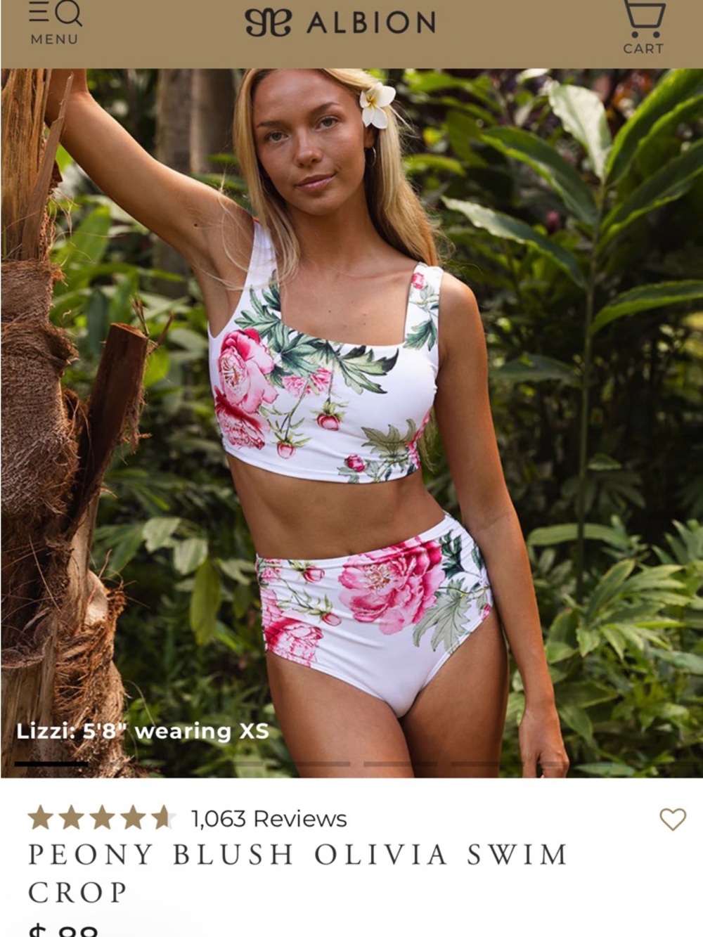 New Albion Peony Blush Floral Olivia Crop Bikini Top, Size Small
